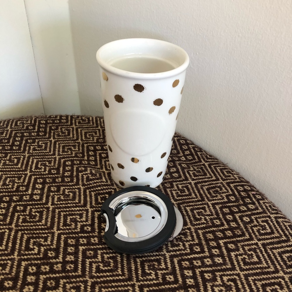 Starbucks White Gold Polka Dot Ceramic Coffee Tumbler